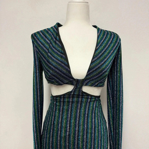 NWT $329 MISHA Despina Metallic Striped Cut-Out Midi Dress - Picture 4 of 9